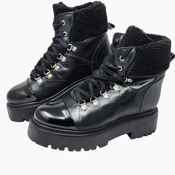 Steve Madden Womens 9M Reyen Combat Boots Black Faux Fur Lace Up Booties New - Picture 1 of 9
